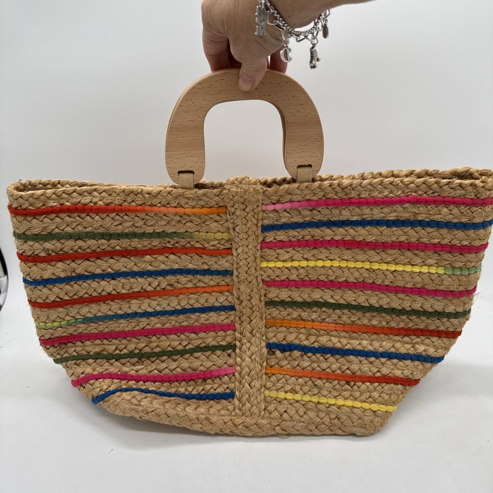 ANTIK KRAFT Tote Bag Woven Jute Straw Wood Handles Cottagecore 20" X 11" X 9"